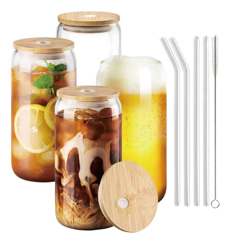 Set 4 Vasos De Vidrio Con Tapa Bambú Para Bebidas Cocteles -