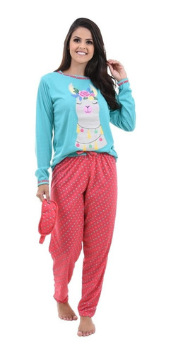Pijama Mãe E Filha Lhama De Inverno Frio Brinde Tapa Olho