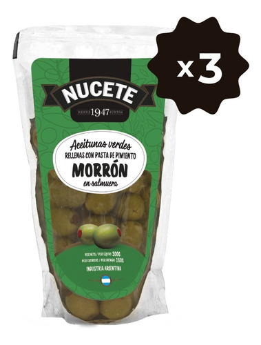 Imagen 1 de 3 de Combo Aceitunas Verdes Rellenas Doypack Nucete 300 Gr X 3