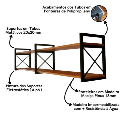 Prateleira Estilo Industrial Mod X 50x140x30 Pinus Reforçada