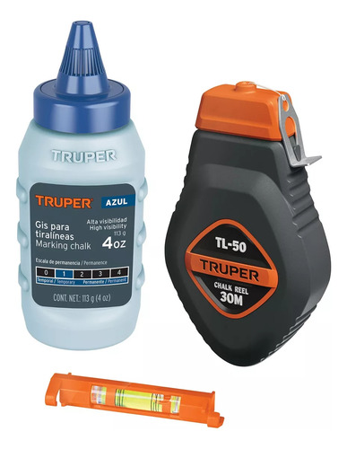 Set Tizador Tiralineas Y Nivel Linea Azul 30mts Truper 18574