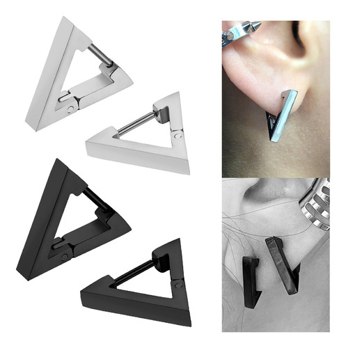 Pack 2 Pares Aros Hombre Mujer Piercing Triángulo Acero