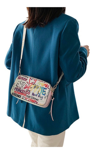 Bandolera Crossbody Bolso Mujer Elegante Y Casual Blanco Graffiti Níquel Blazon