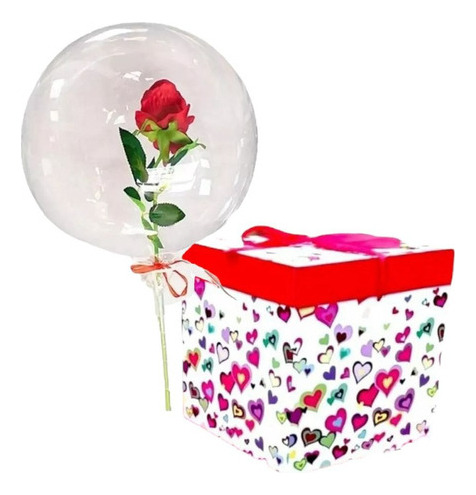 Set Caja San Valentín + Globo Burbuja+rosa Eterna 14 Febrero