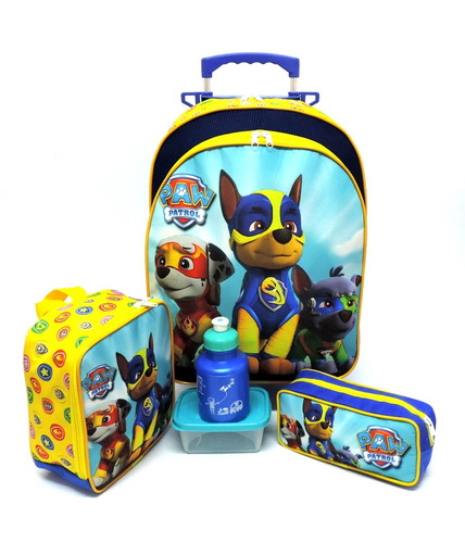 Imagem 1 de 10 de Kit Mochila Infantil Escolar Patrulha Canina Super Filhotes Paw Rodinhas Tam G F5