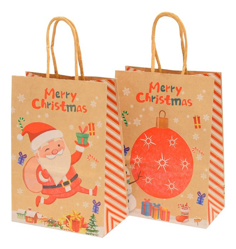 12 Bolsas Con Asas  De Papel Modelo Kraft Navidad 21x15x8cm