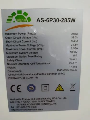 Panel Solar 285w Amerisolar As-6p30