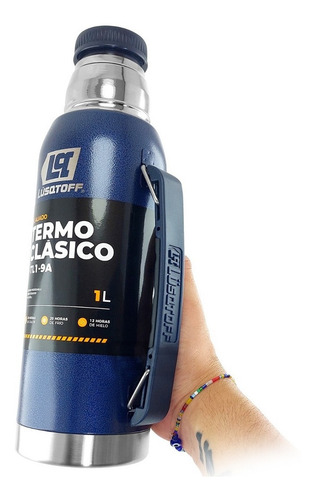 Imagen 3 de 10 de Termo Acero Inox 1 Litro Lusqtoff Azul Frio Calor Manija
