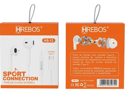 Fone de ouvido tipo c estéreo Hrebos HS-13 cor branco
