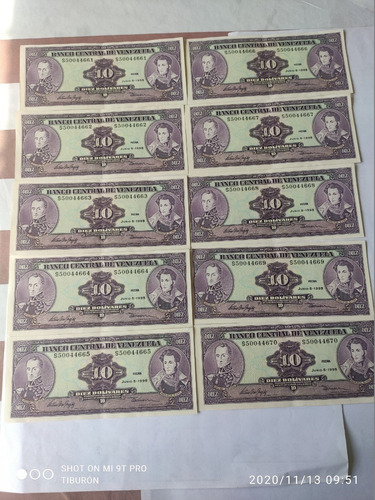 10 Billetes De 10 Bolivares Seriales Consecutivos 1995