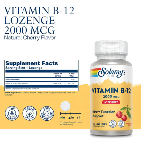 Vitamina B-12 Cianocobalamina 2000 mcg (90 comprimidos) Solaray Cherry Flavor