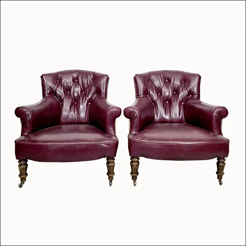 comprar Par Sillones Antiguos Inglés Cuero Capitoné (6171)