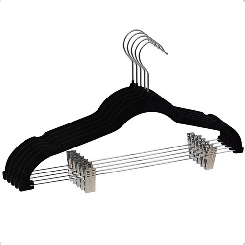Kit 05 Unidades Cabide Slim Veludo Preto Com 10 Presilhas