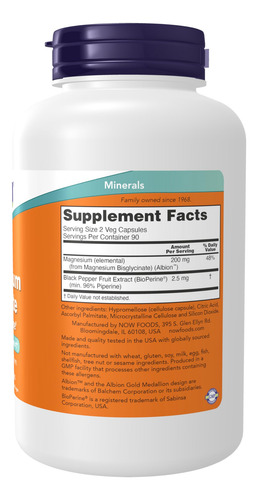 Supplements Now Foods, Glicinato De Magnesio, 180 Cápsulas V
