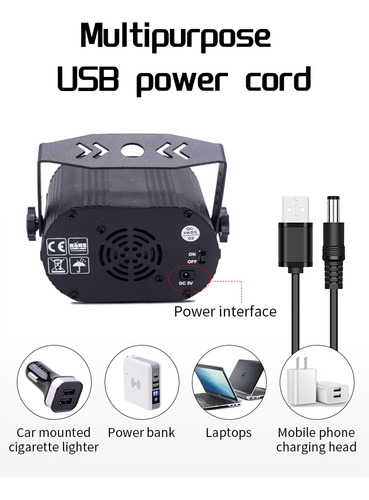 Lámpara LED de escenario XHXD DQ-R20 con cabezal móvil, 8 W, 5000 h de vida útil, función estroboscópica, puerto USB, diseño compacto, 9 cm de altura, 300 g de peso. ¡Perfecto para eventos!