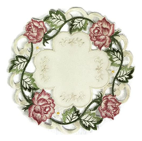 Tapete Redondo O Mantel Individual Bordado Con Rosas Rosadas