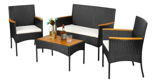 Set Muebles De Patio Rattan, 4 Pcs Negro/blanco