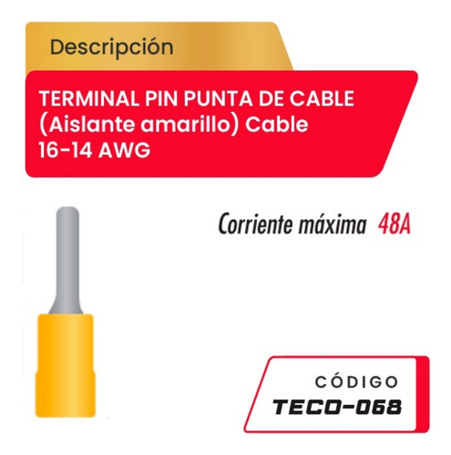 Terminal Pin Punta De Cable-cable 16-14awg Teco-068 Amarillo