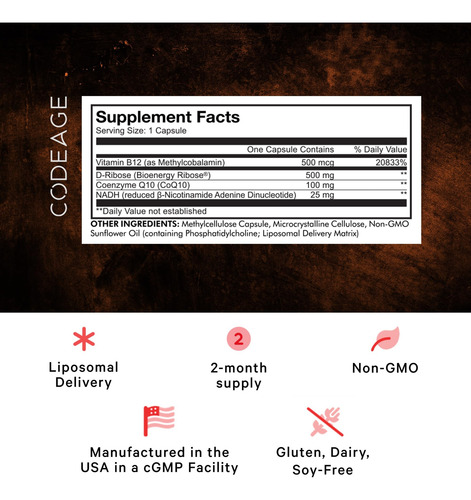 Suplemento Liposomal Nadh+ De Codeage: Nadh, Vitamina B12, D
