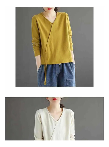 Camiseta De Manga Larga Con Cuello En V Para Mujer, Top Vint