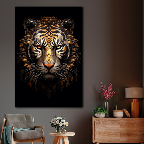 Cuadro Tigre Dorado Fondo Negro Canvas 130x90 Abstracto 142