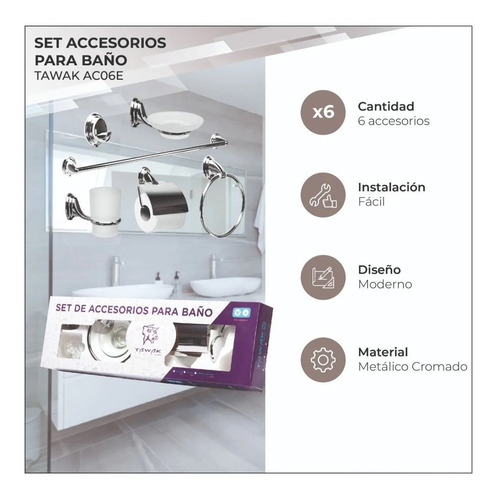 Set Accesorios Baño Ducha 6 Pzs Acero Inox Esmerilado Tawak