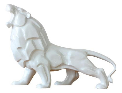 Estátua Decoração Artesanal Leão Africano Resina Geométrico Cor Branco