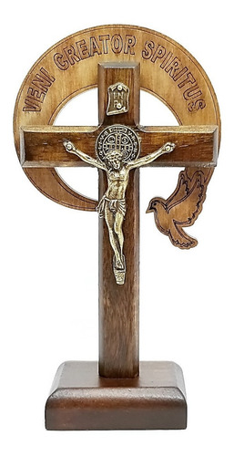 Crucifixo De Mesa Rcc Com Imagem E Medalha De São Bento 14cm