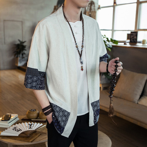 Camisa Hanfu Cárdigan Retales Informal Hombre Estilo Chino