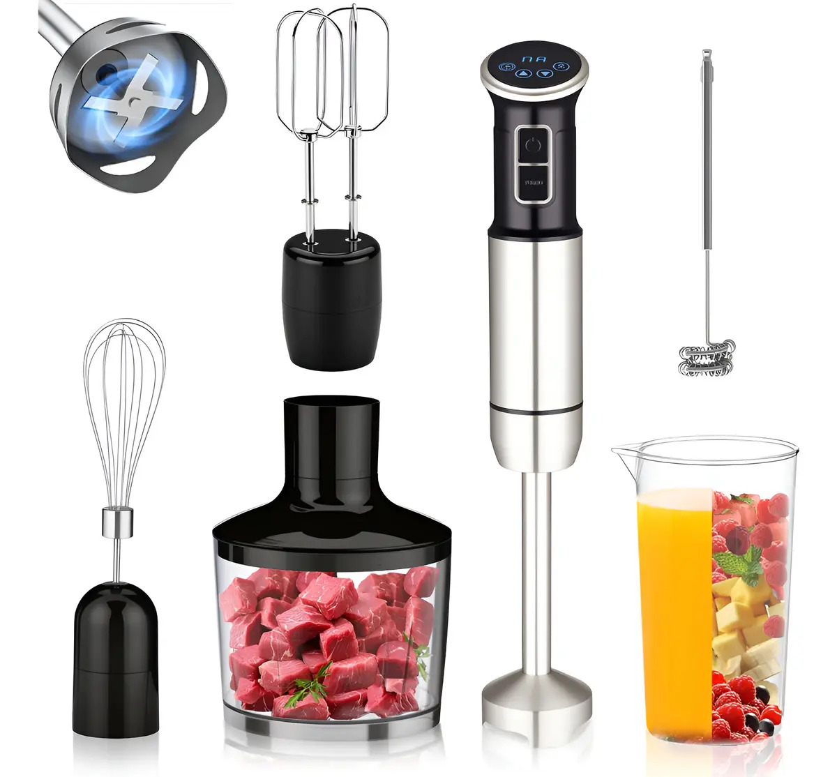 Mixer Turbo 6 Em ​1 Inox Profissional Kit 8 Velocidades 1000w Com Temporizador E Contagem Regressiva,copo Medidor De 860 Ml + Tigela Para Misturar De 500 Ml,mixer, Triturador E Batedor Preto 220v