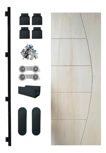 Porta Correr Frisada Amadeirada 90x210 Kit Alumínio Preto Bege