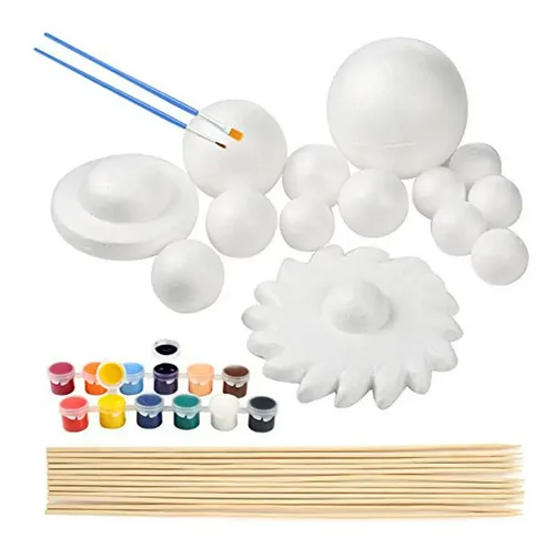 Kit Del Sistema Solar – 14 Bolas De Poliestireno De Varios Tamaños Con Palos De Bambú, Ideal Para Proyectos Escolares Y Manualidades