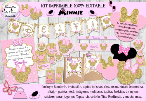 Kit Imprimible Candy Bar Minnie Rosa Y Dorado 100% Editable