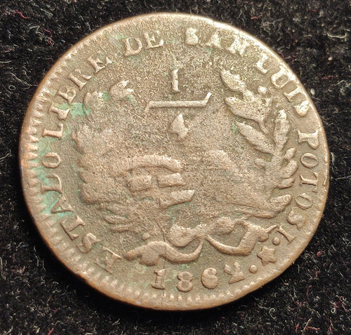 Moneda Un Cuarto De Real 1862, San Luis Potosí Cobre. (Usado)