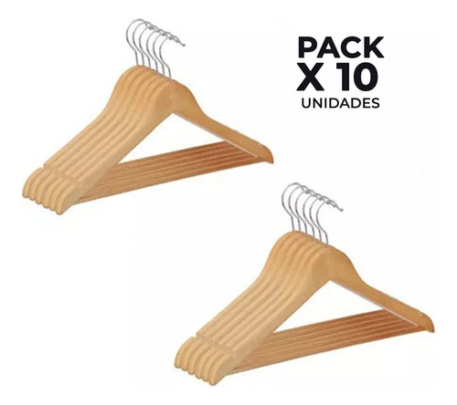 Pack 10u Colgadores De Madera Ganchos Perchero Ropa