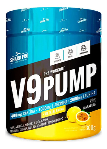 Pré Treino V9 Pump Shark Pro Com Beta Alanina Cafeína 300g Sabor Maracujá