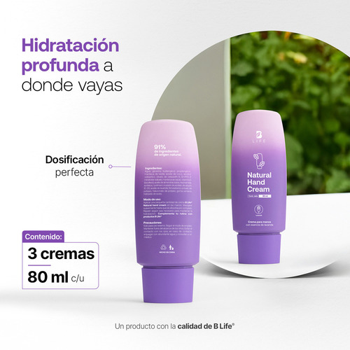 Kit 3 Cremas de 80ml B Life Natural hand cream Vitamina E y Niacinamida con Fragancia lavanda