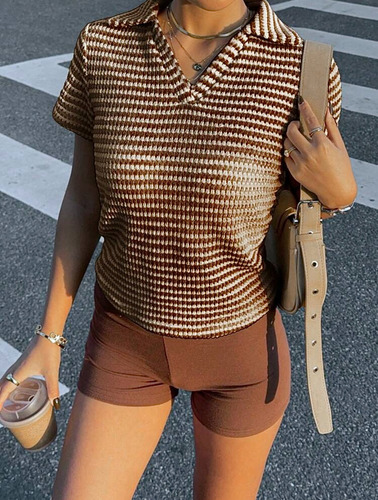 Remera Chomba Polo Hilo Rayada Marron Casual Importada