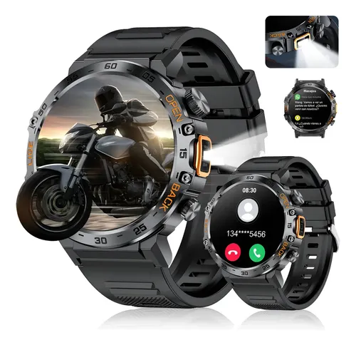 Smartwatch Masculino Esportes Relógio Inteligente Com Lanterna Tático Militar Frequência Cardíaca Relógio Smartwatch Durável Resistente Impactos Chamadas Bluetooth Sincronizar Mensagem Preto