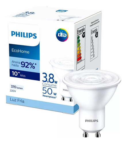 Lampara Dicroica Led Gu10 Philips Fria 3.8w=50w Ecohome