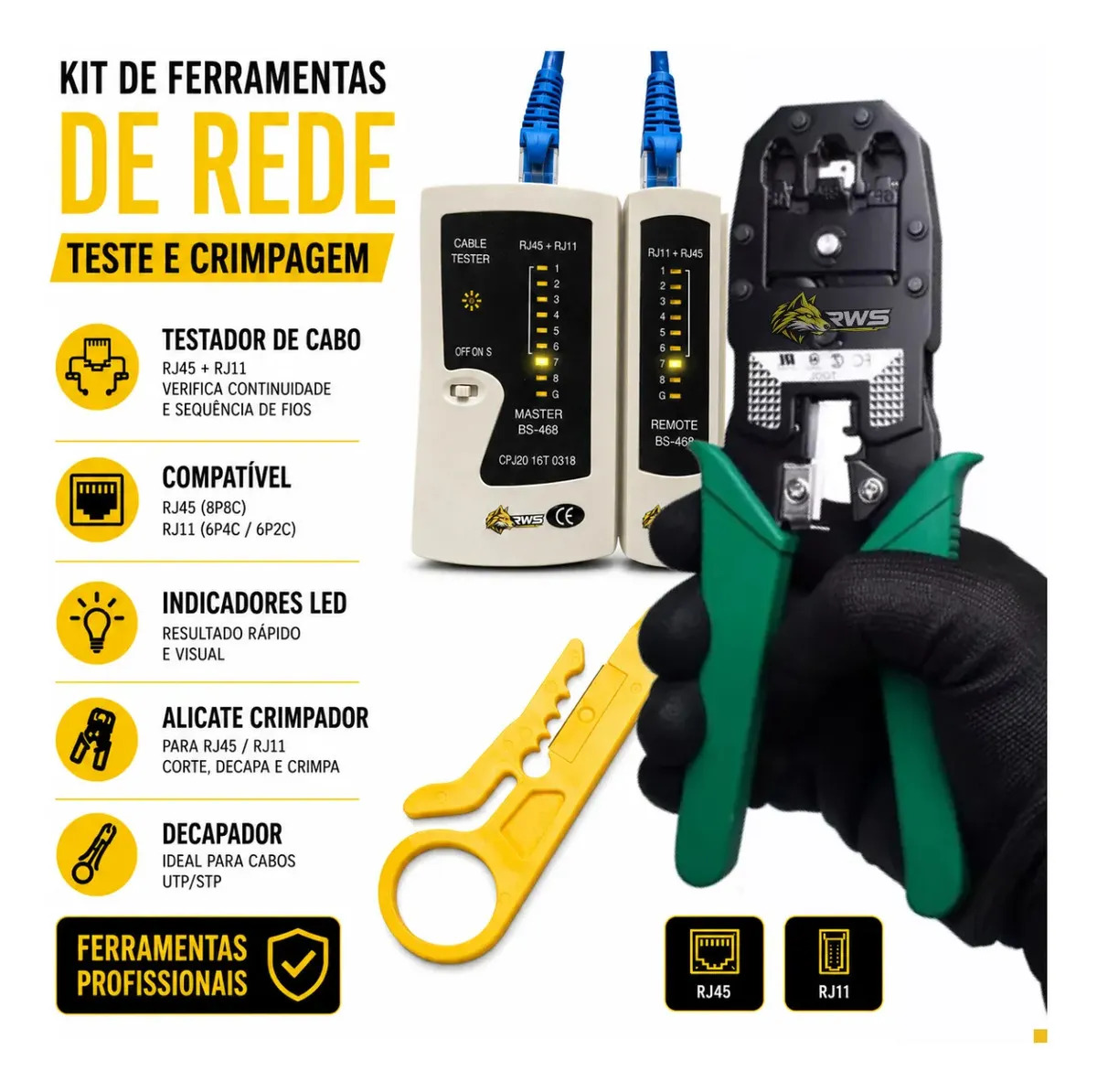 RWS IMPORTS Alicate Crimpagem RJ45 RJ11 + Testador Cabos Rede e Telefonia