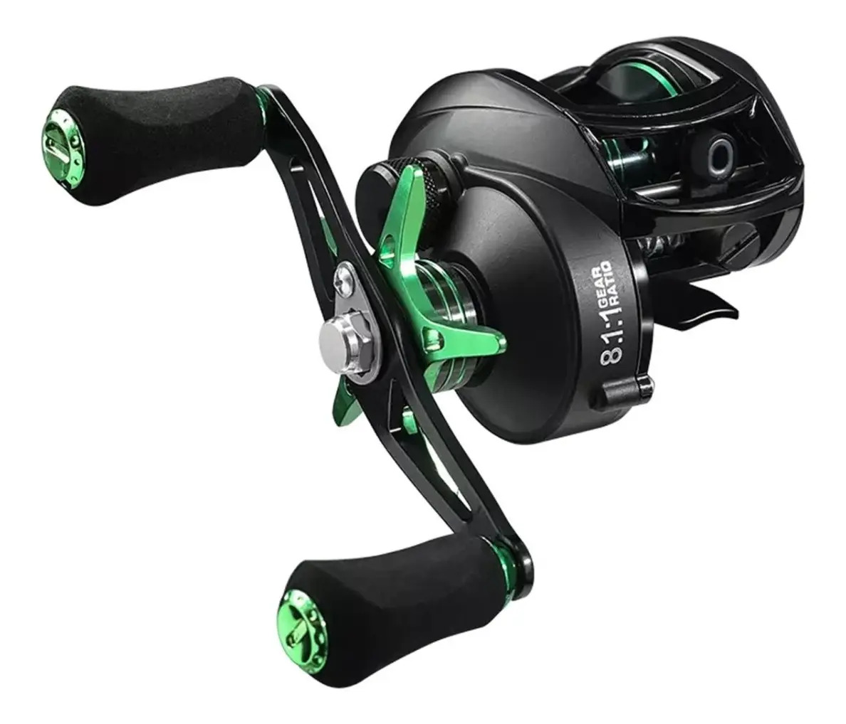 Reel Amberjack Rio 200 Huevito Rotativo Bait 18r 8kg 8.1:1 Color Negro Y Verde Lado De La Manija Derecho