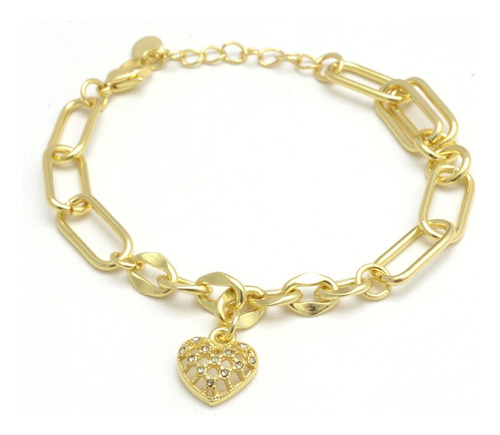 Pulsera Corazón Calado Micropave 17-21cm De Acero Dorado 