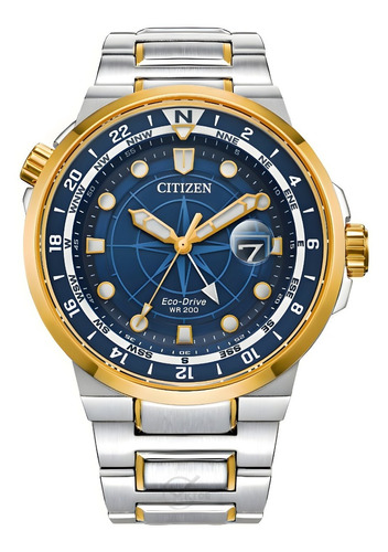 Reloj Citizen Hombre 61514 Bj7144-52l Eco Drive Endeavor Gmt Color de la correa Plateado Color del bisel Dorado Color del fondo Azul