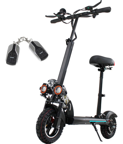 Scooter Patin Electrico Plegable Todoterreno Con Suspension Y Asiento Tabla De Lija Luminoso Con Tres Faros Con Estrobo Rodada De 10 Pulgadas Y 800w Soporta 200 Kg