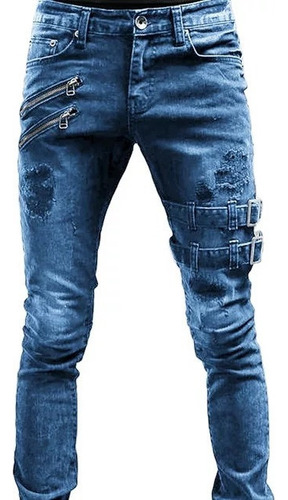 Pantalones Hombre Mezclilla Jeans Slim-fit Liso De Motorista