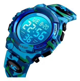 Reloj Niños Deportivo Led Contra Agua Camuflaje Militar Nado Color De La Correa Azul Claro