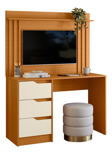 Escrivaninha Com Painel Doble Ripado 120cm 3 Gavetas