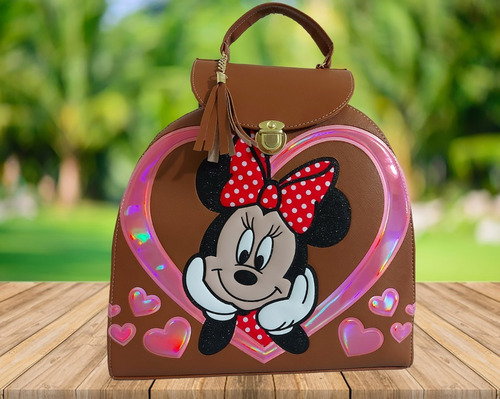 Imagen 2 de 7 de Bolsa - Mochila Para Dama, De Minnie Mouse, En Color Cafe