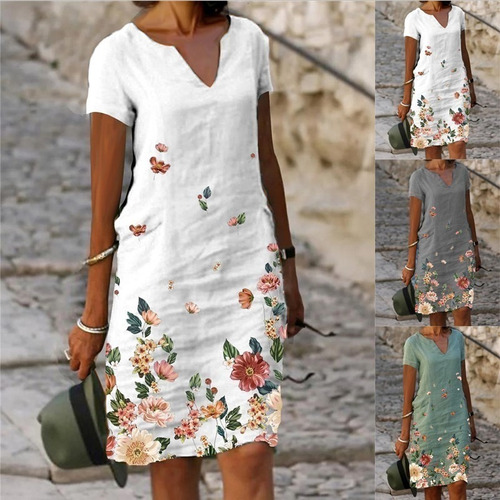 Vestido Casual Con Flores De Algodón Y Lino Para Mujer, Tall
